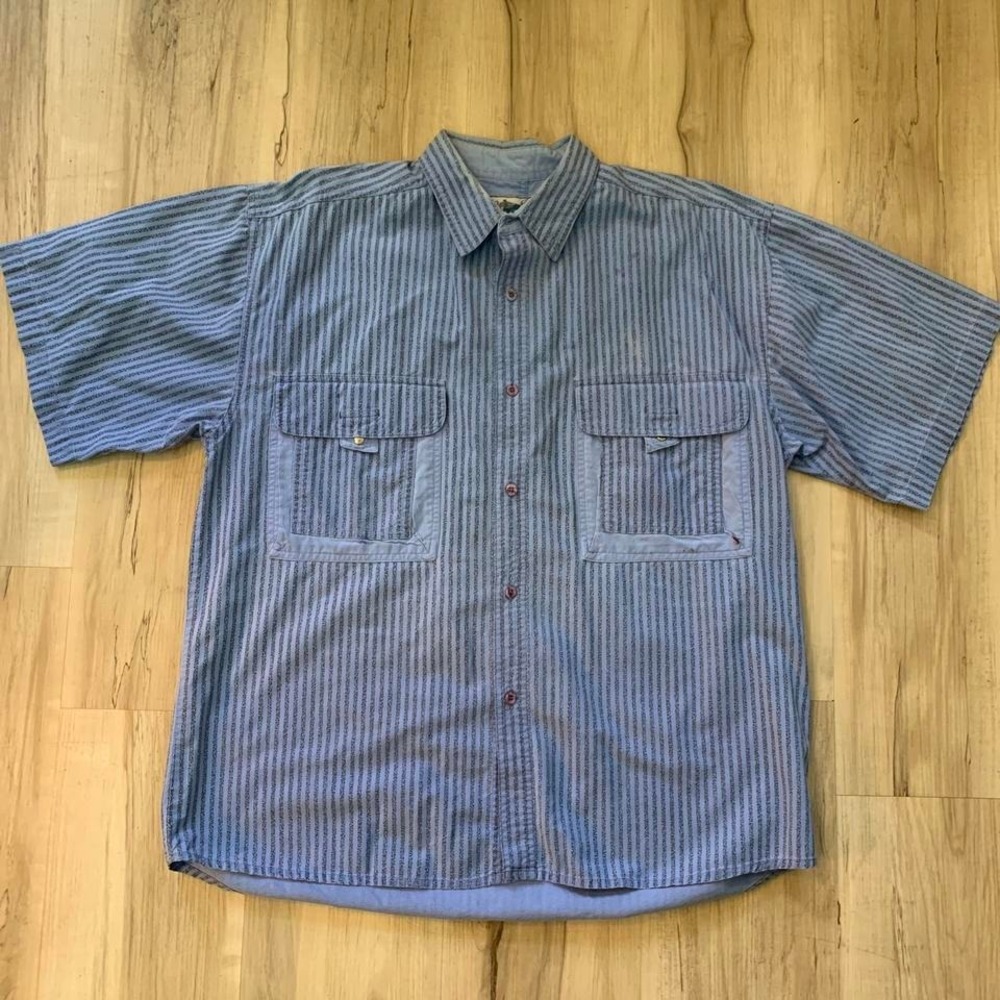 Vintage 1990's Bugle Boy‎ Blue striped button-up shirt with chest pockets